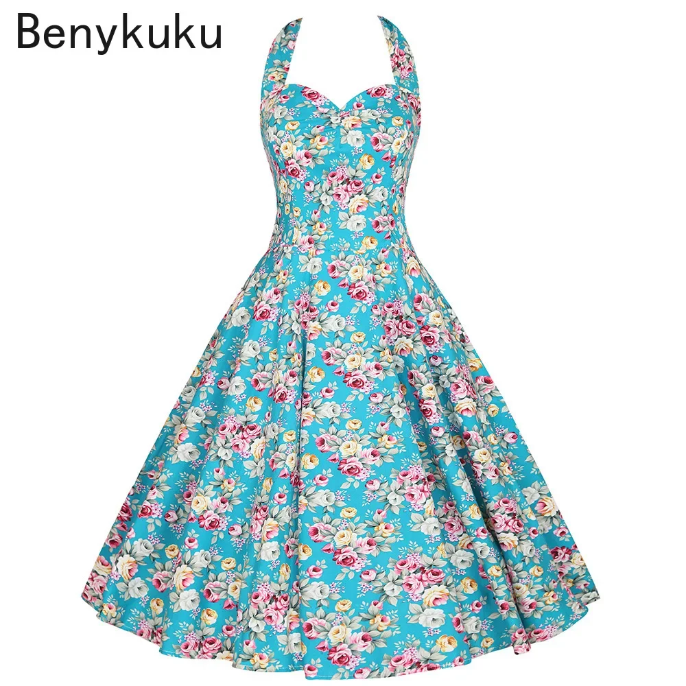 Stampa floreale Hepburn Vintage 50s 60s Pin Up Rockabilly vestito Plus Size donne abiti estivi Sexy Halter Party retrò abiti di cotone