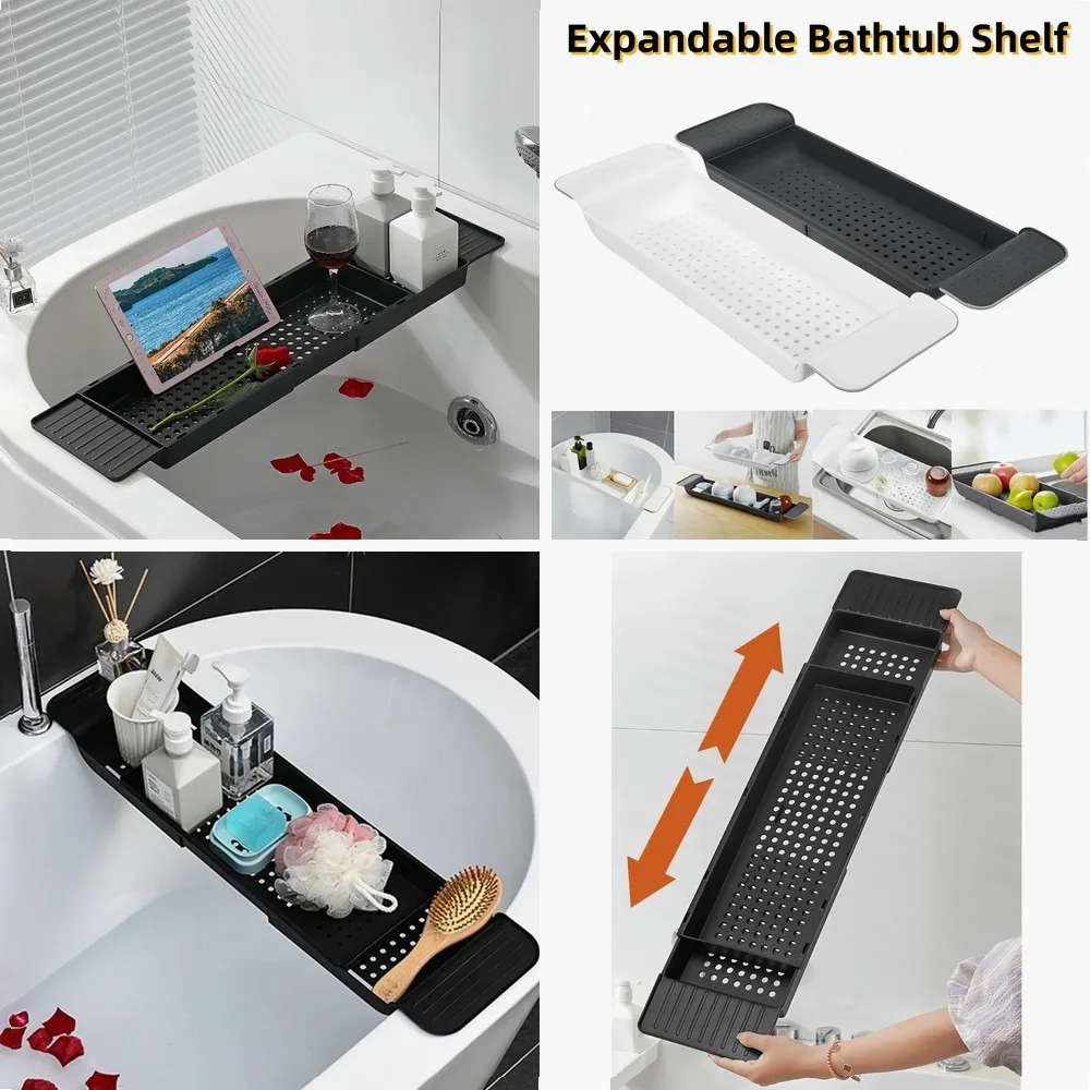 

Retractable Bathtub Caddy Tray - Adjustable Plastic Bath Tub Organizer, Non-Slip Bathroom Shelf for Shower Storage