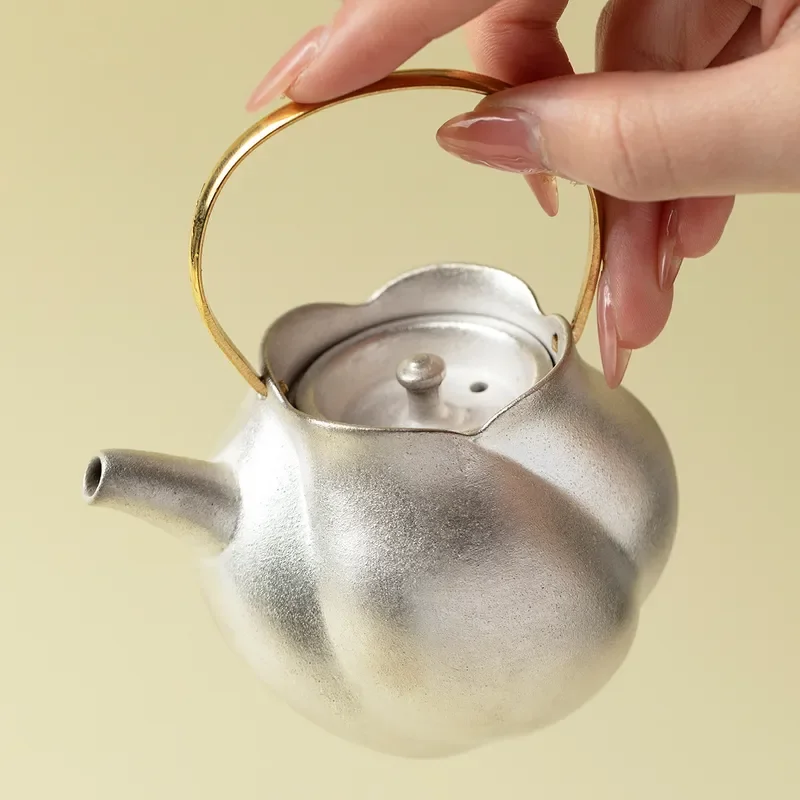 Handmade Silver Beam Teapot with Copper Handle Coarse Pottery Kung Fu Tea Set Single Pot with Ball Filter for Brewing Loose