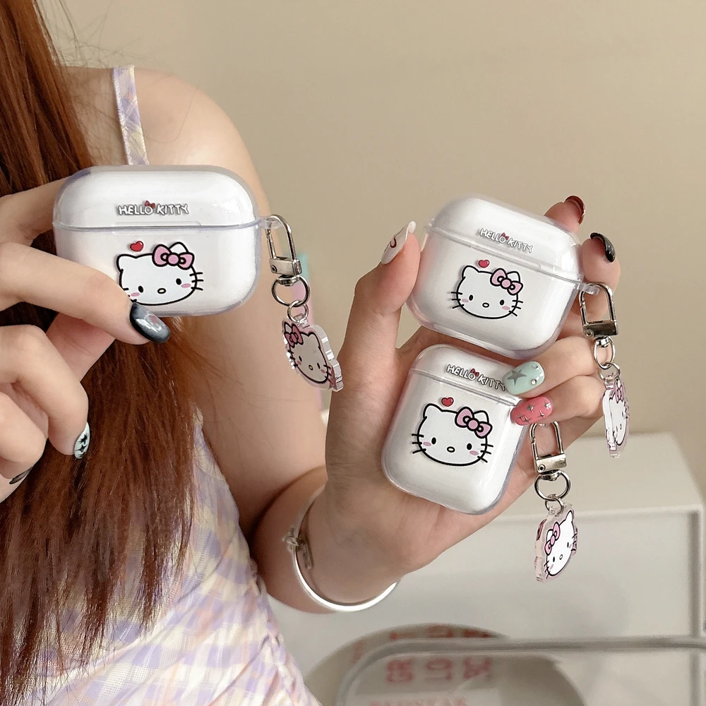 귀여운 산리오 헬로키티 이어폰 케이스 에어팟 4 2 3 1 프로 2 3 무선 블루투스 헤드셋 보호용 투명 커버 펜던트 포함