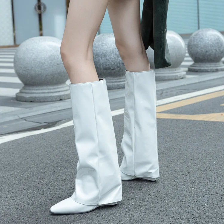 

2024 White Knee High Boots Fashion Wedge Trouser Boots Women High Heel Pu Leather Square Toe Boots Autumn Winter Botas De Mujer