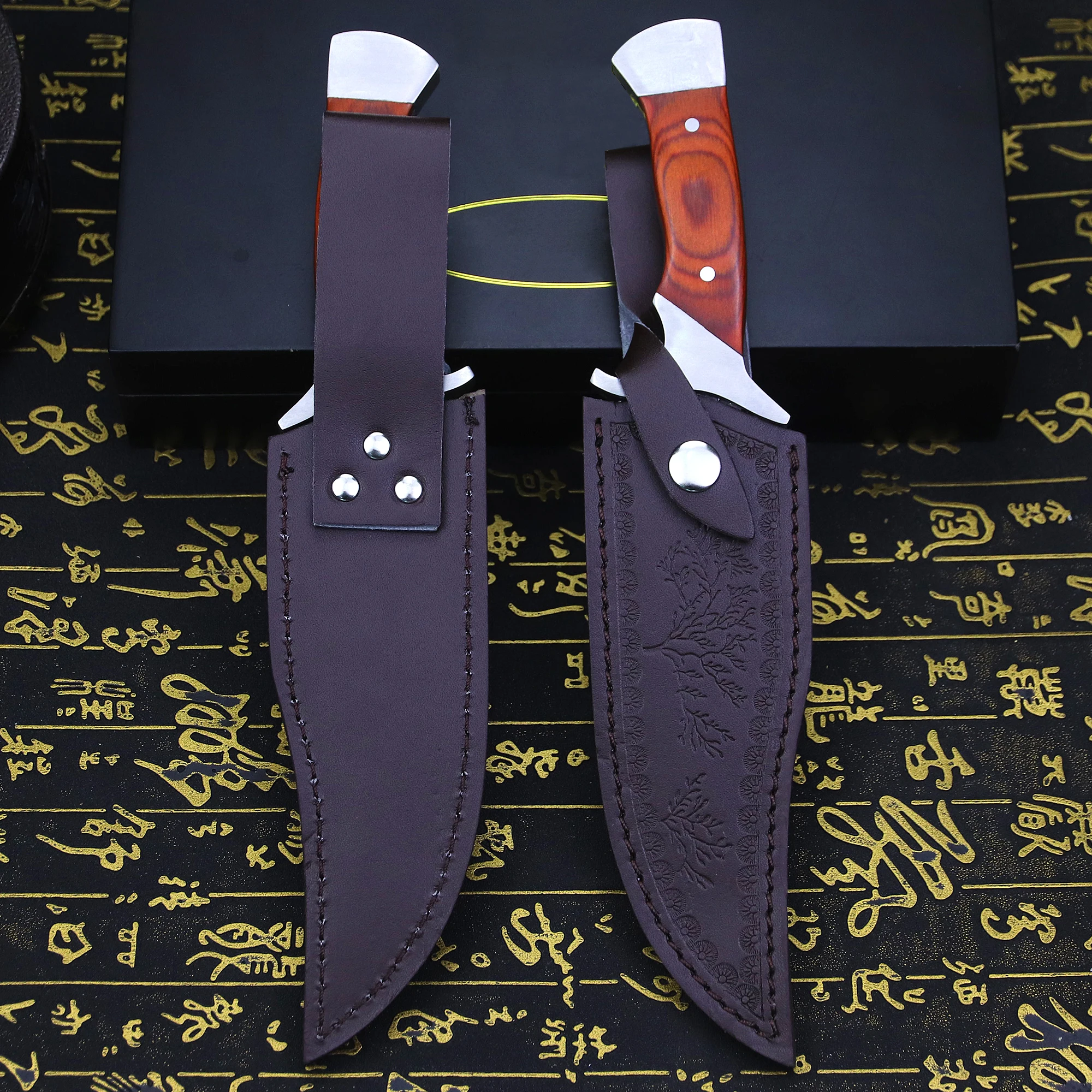 Japanese forged Full Tang hunting straight knife + leather sheath, outdoor camping survival knife, jungle EDC knife
