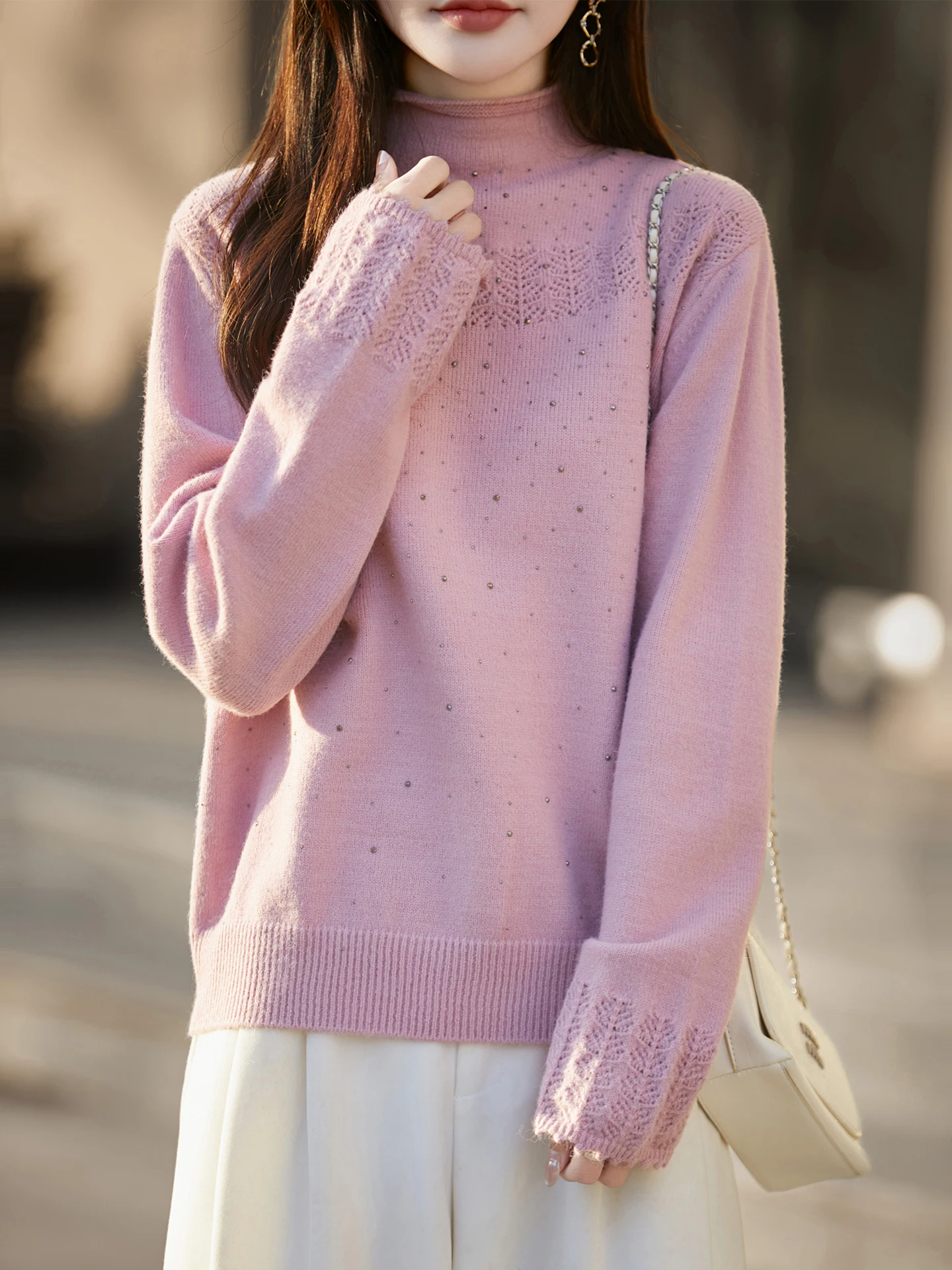 Ele iny Sequin Thiened f High Collar Knitted Sweater Women's Faionable Cozy Base Layer Winter New Arrival