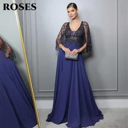 ROSES Navy Blue Elegant Sexy Wedding Party Dress Chiffion V Neck Celebrity Dress Embroidery Special Occasion Dress robes du soir