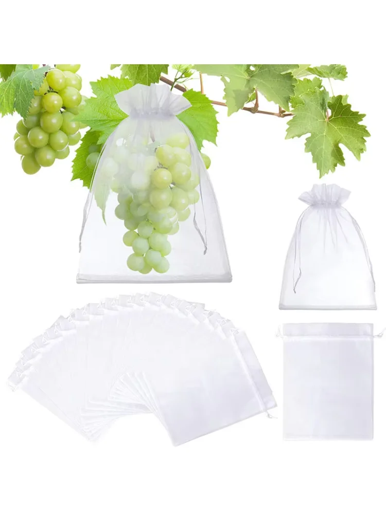 100Pcs Fruit Protection Netting Bags With Drawstring Reusable Grape Grow Bags Strawberry Cover Mesh Bags For Pest Control