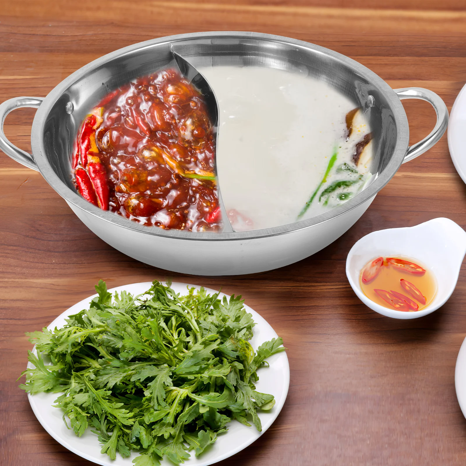 

Stainless Steel Double-Flavor Hot Pot Exquisite Workmanship Handle Easy Clean Multi-Purpose Kitchen Cooking Pot