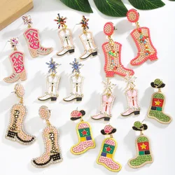 Vedawas Bohemian Rhinestone Beaded Boots Cowboy Hat earrings,Western Style Holiday Party Women Accessories