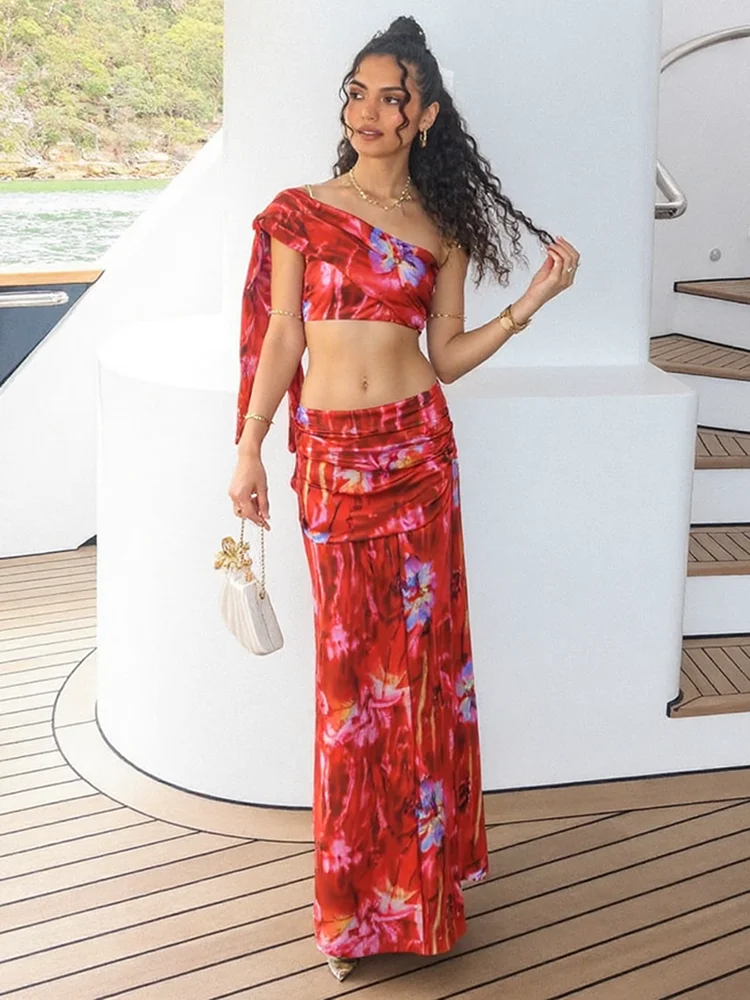 

Macheda Sexy Fashion 2 Piece Set Women Inclined Shoulder Ribbon Sleeveless Tank Top+Flower Print Long Skirt Ethnic Style Suit