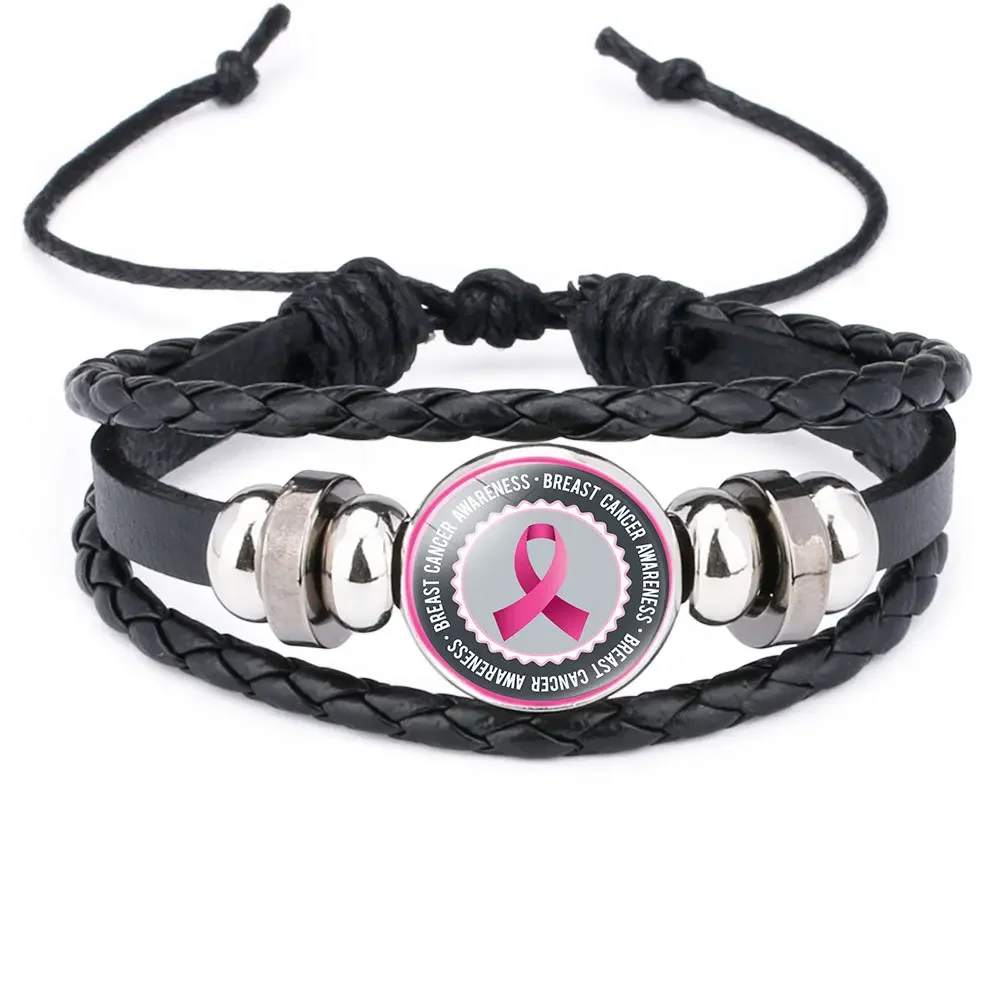 Pink Ribbon Charm Bracelet For Women Braided Leather Rope Bangle Girls Breast Cancer Awareness Hope Jewelry Accessories