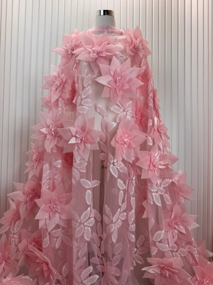 

2026 High Quality African 3D Flower Embroidery Beaded Lace Fabric Handmade French Tulle Lace Fabric for Wedding Dress