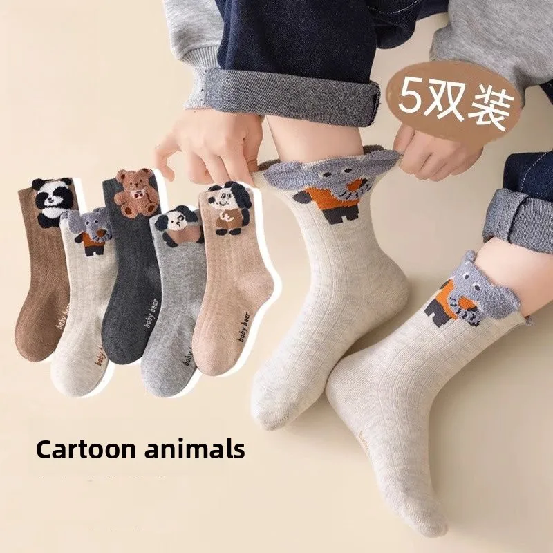 5 Paar geruchshemmende Sportsocken für Jungen, mittellang, nahtlos, mit Cartoon-Tier-Design für große Kinder, Kleinkinder, Frühling und Herbst, Kindersocken
