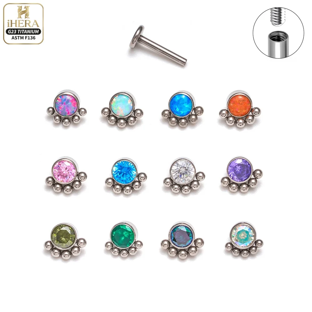 ASTM F136 Titanium Opal Bead Labret Stud Lip Tragus Helix Conch Ear Piercing Internal Threading Wholesale Body Jewelry Flat Back