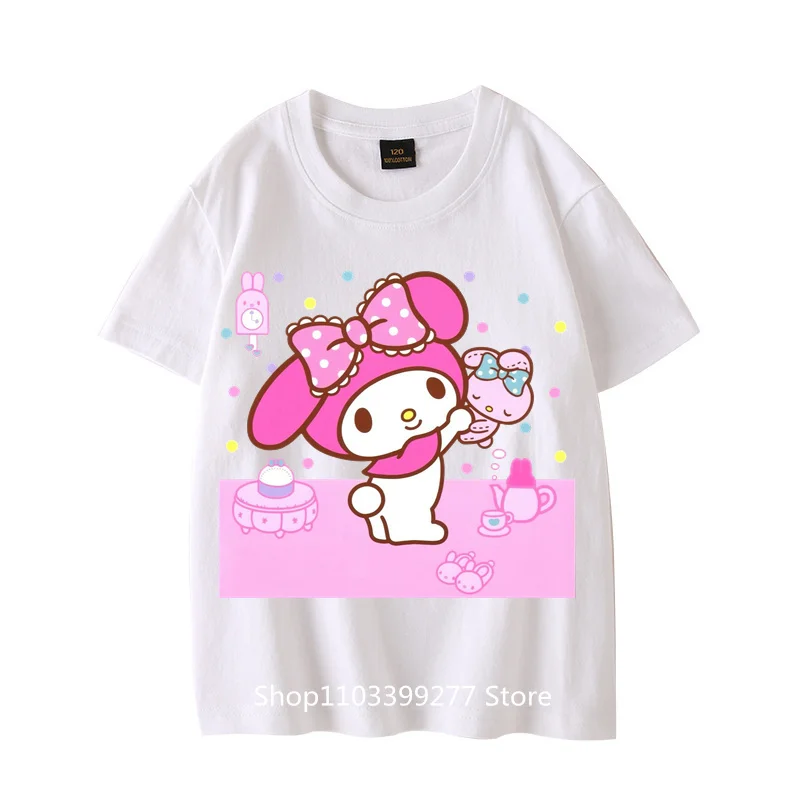 100% Cotton Summer Clothes Absorb Sweat Breathable T-Shirt Sanrio Cartoon Anime Cute MyMelody Short Sleeve T-Shirt Girls T-Shirt