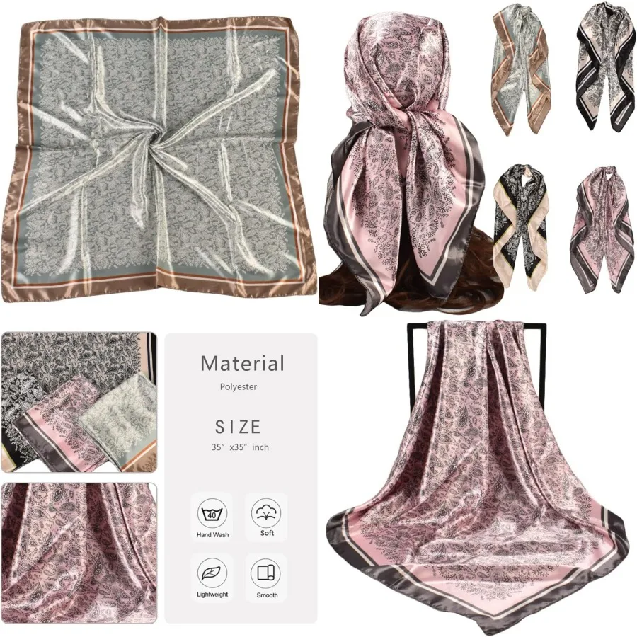 4 قطعة الأوشحة الحريرية الرأس للنساء وشاح الشعر الساتان 35 كبير مربع باندانا الحرير مثل وشاح للرقبة شال لارتداء اليومي المألوف