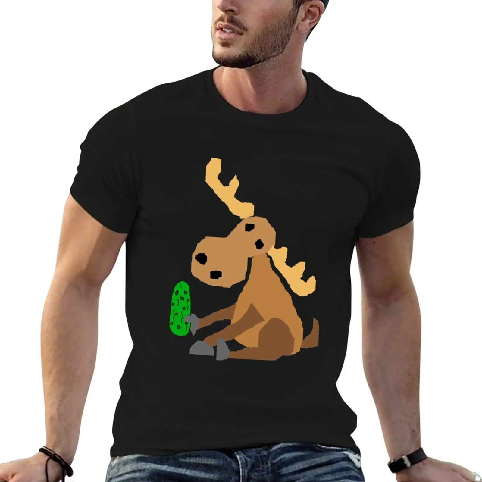 

Funny Sitting Moose with Pickle Cartoon T-Shirt man t shirts cotton t shirt man luxury T-Shirt