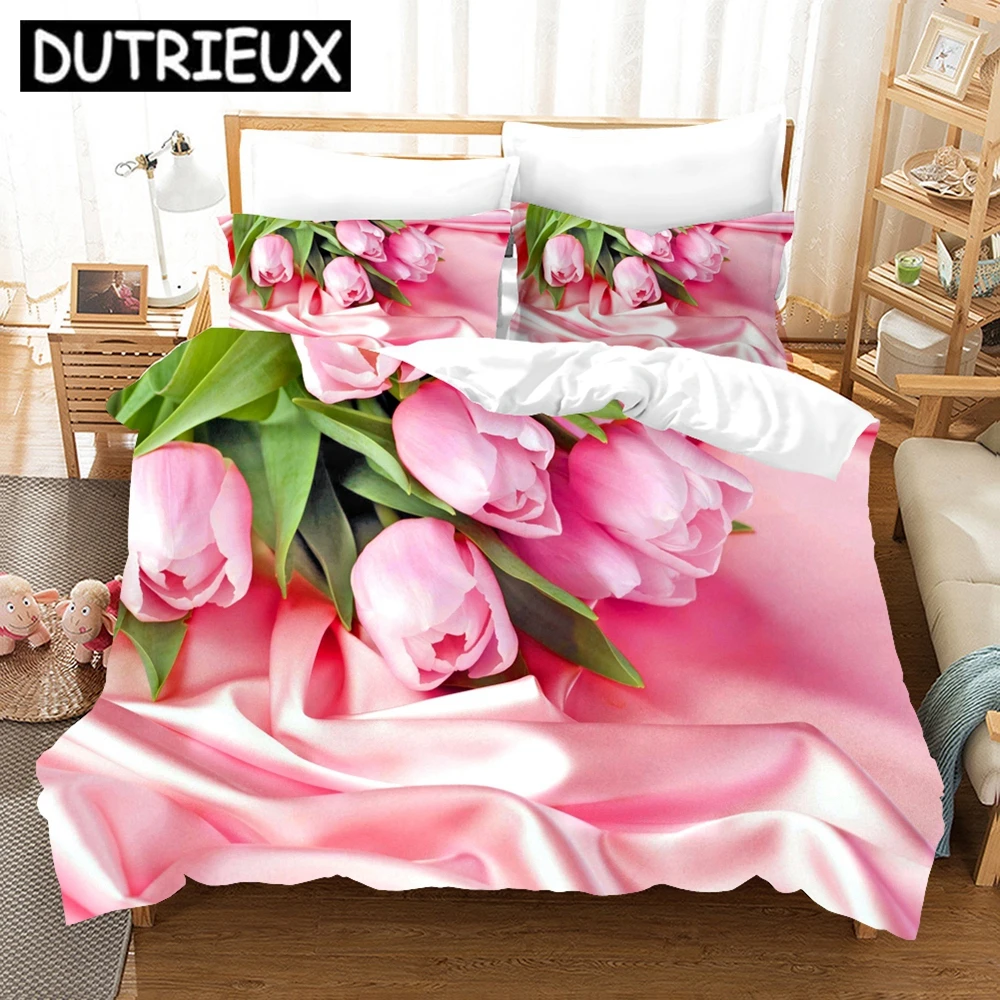 

Pink Tulip Bedding Set Elegant Flower Scenery 3d Duvet Cover Pillowcases Bed Linen Twin Queen King Single Size Duvet Cover Set