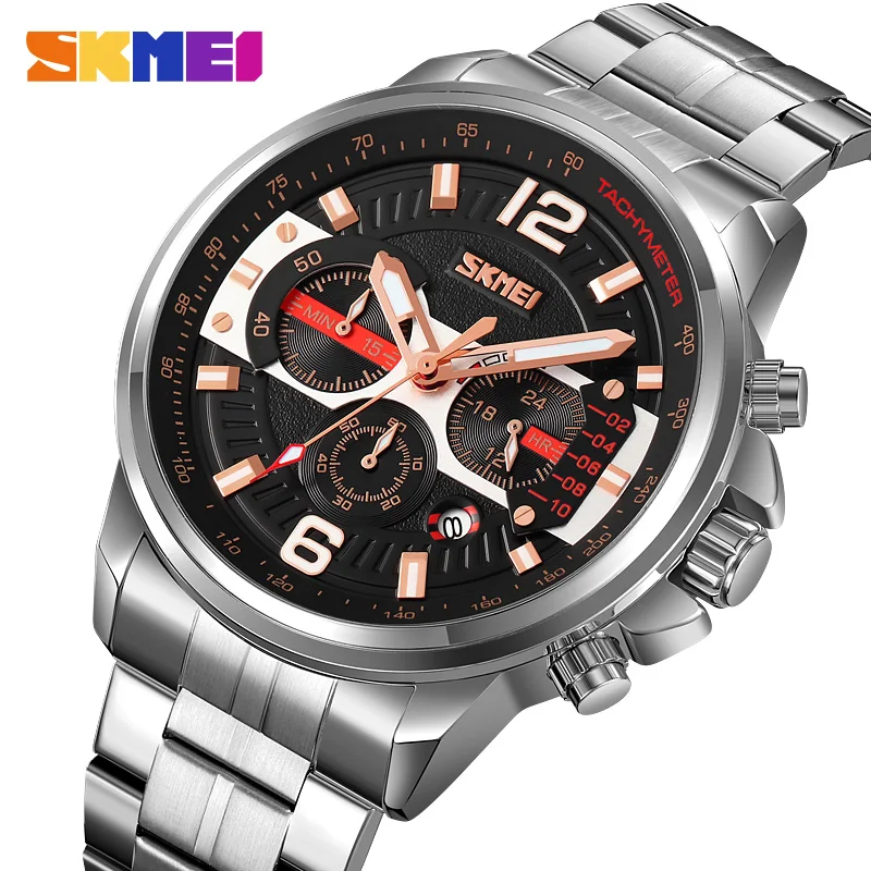 SKMEI Fashion Quartz Watch Original Luxury Stainless Steel Men's Wristwatch with Date Stopwatch Lumimous Clock 9332