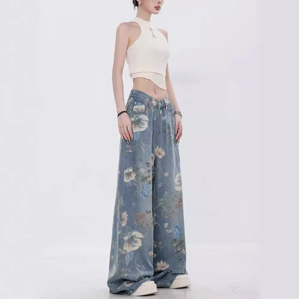 Celana Jeans Denim Wanita Celana Panjang Lantai Kaki Lebar Celana Panjang Lurus Pinggang Tinggi Motif Bunga Celana Jeans Ibu Splice Pakaian Jalanan Y2k