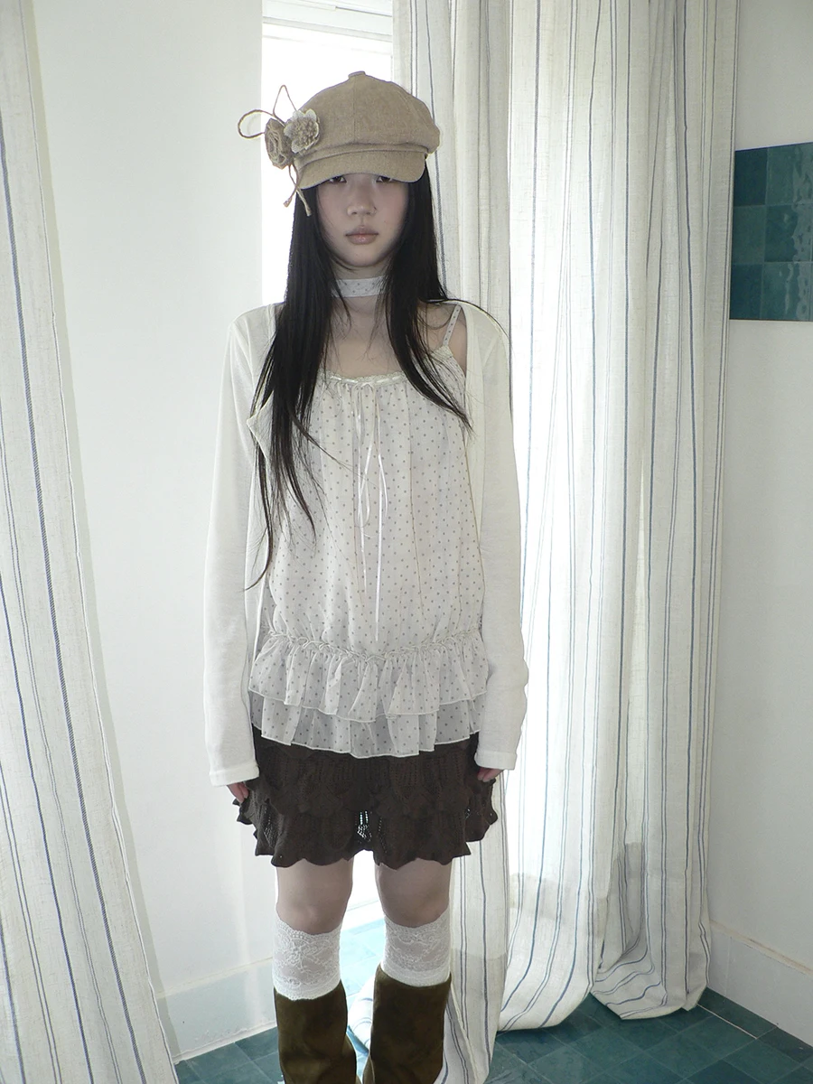 

Angproject 24 New Polka Dot Ruffle Bordered Knitted Open Cardigan Two Piece Set Women's Faion Spring Season Korean Sle