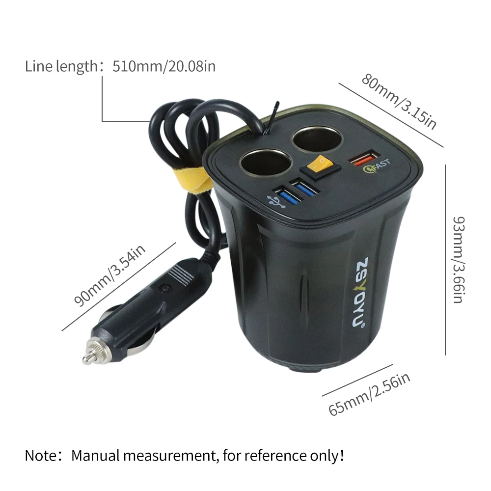 Fast QC3.0 USB Cup Holder Car Charger Waterproof Cigarette Lighter Socket 12V with Voltmeter and Power Switch