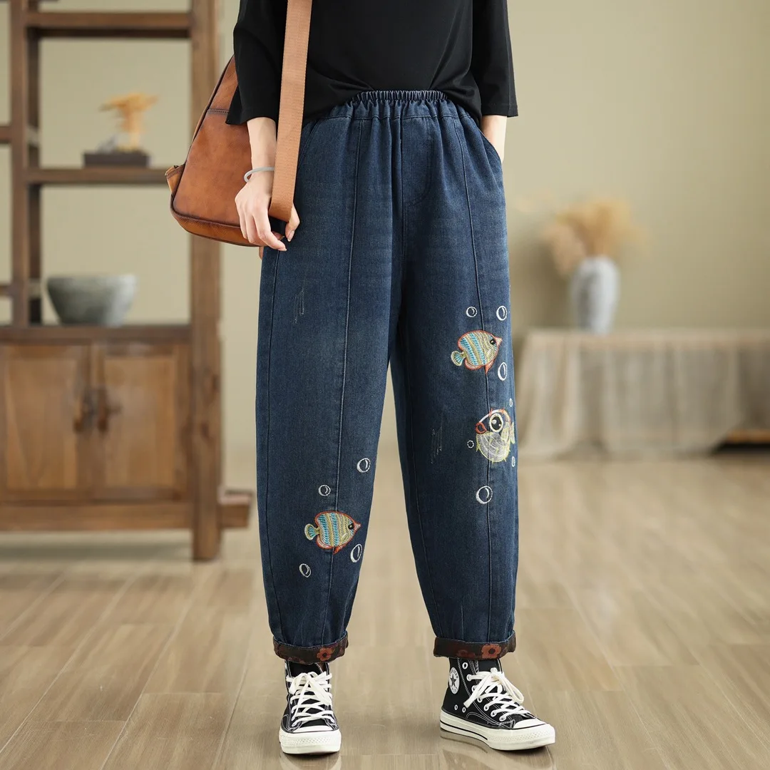 

Aricaca Women High Quality Fish Retro Embroidered Cotton Jeans Women Casual Harem Pants Wide Leg Jeans