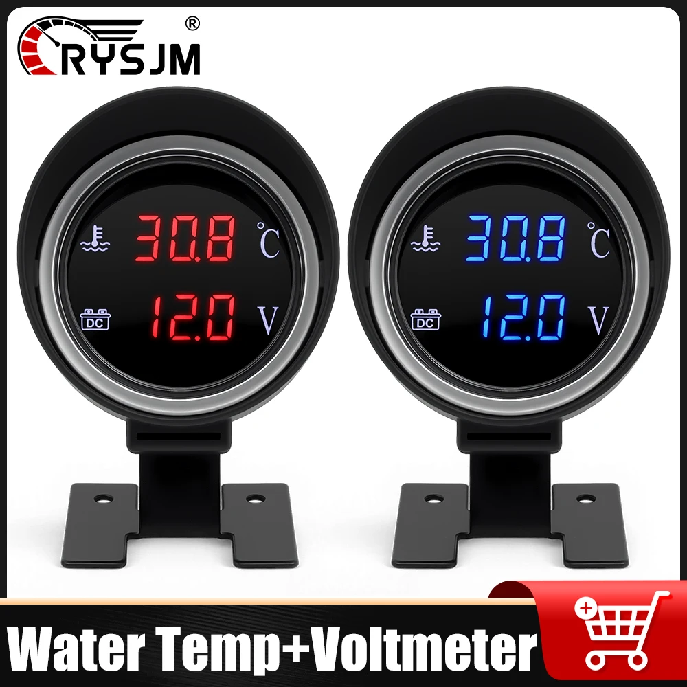 2 In 1 Digital LED Water Temperature + Voltmeter Volt Gauge Meter For 12V24V Car Truck Boat With Temp Sensor With Flashing Alarm