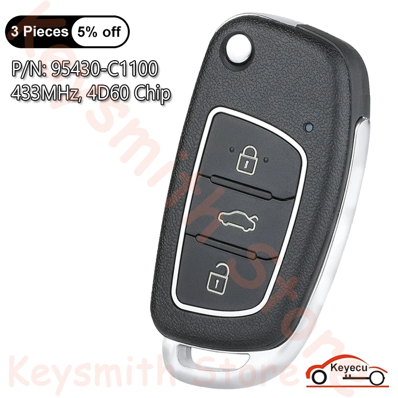 KEYECU 3 Buttons 433MHz 4D60 Chip for Hyundai Sonata Auto Upgraded Flip Remote Control Key Fob 95430-C1100