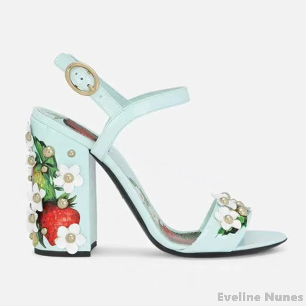 Rhinestone Flowers One Word Belt Sandals Women Round Toe Chunky Heel Strawberry Print Sandals 2025 Summer New Ankle Strap Sandal