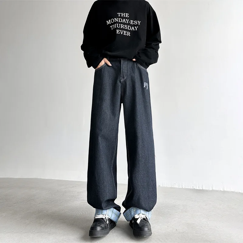 Japan Korean Fashion Trend American Retro Men's Jeans Harajuku High Street Loose Wide Leg Denim Pants Y2k Streetwear Men