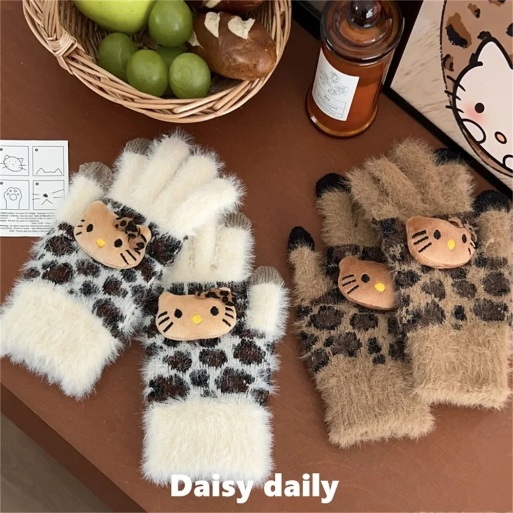 Hello Kitty Gloves Miniso Cartoon Leopard Print Warm Thick Knitted Gloves Autumn and Winter New Item Finger Touch Gloves