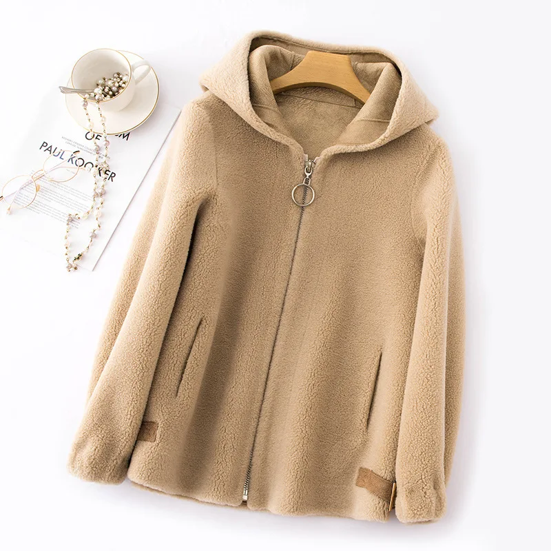 

Autumn Winter New Real Lamb Fur Sheep Teddy Coat Women's Short Cashmere Overcoat Wool Fashion Soft Casual Slim Hooded Jacket