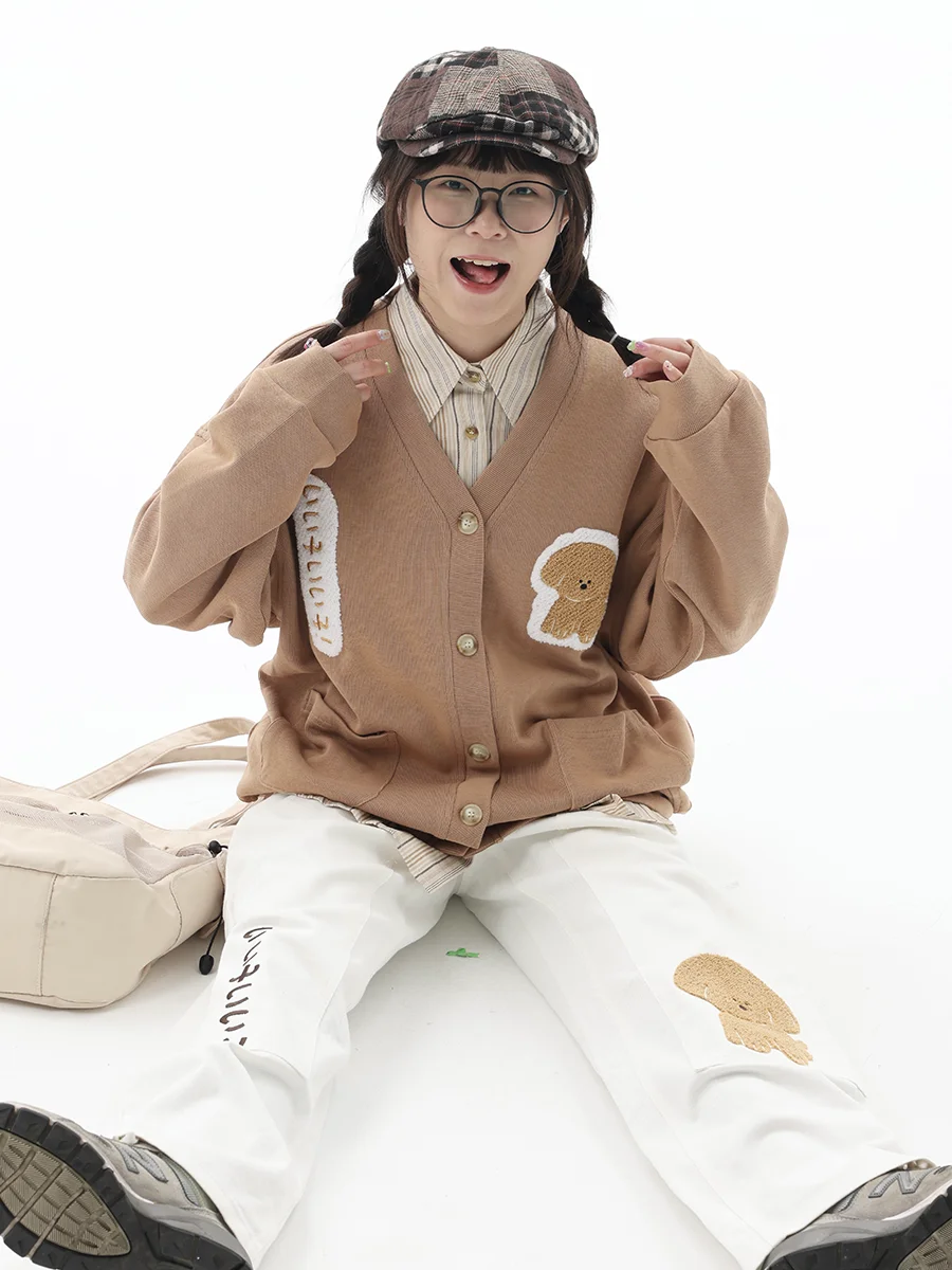 

Вязаный кардиган с V-образным вырезом кофейного цвета, с вышивкой в виде собаки ручной работы, длинный рукав, хлопок, осенняя верхняя одежда