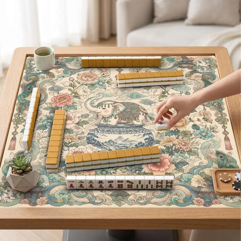 VIKAMA Chinese Porcelain Elephant Peony Mahjong Mat Thick Soundproof Dual Use Mahjong Poker Desktop Table Pad