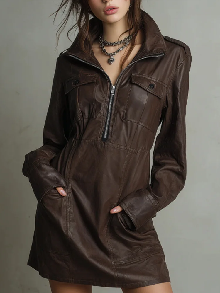 

Женское платье из искусственной кожи с длинным рукавом и полумолнией с высоким воротником, мини-платье с карманами, повседневная уличная одежда для вечеринок, осенние наряды