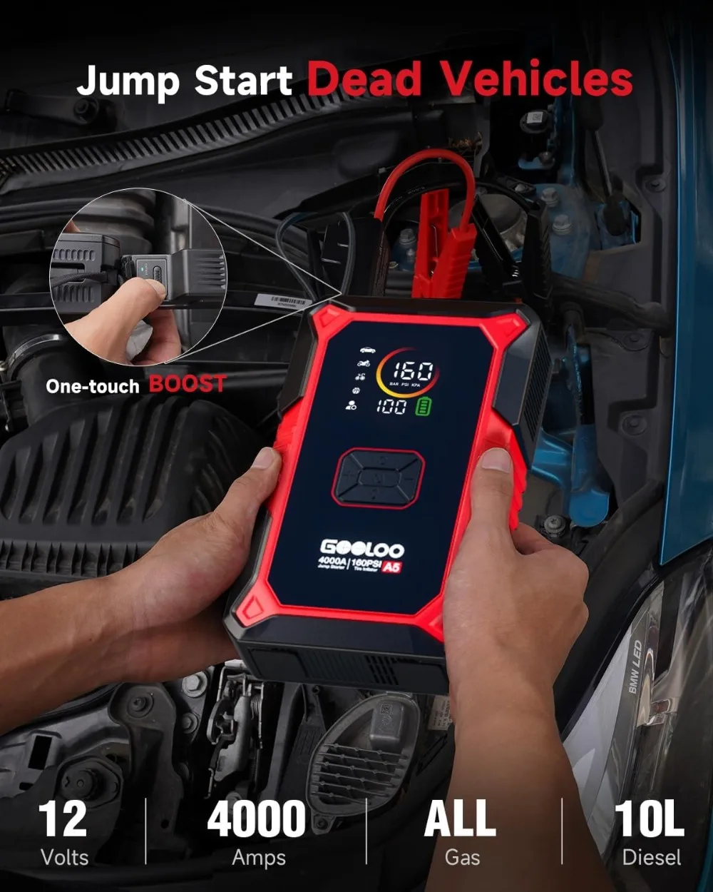 4000A Jump Starter with Air Compressor, 160PSI Tire Inflator Auto-Off, 45W PD Fast Charging, 12V Portable Car Battery Booster Pack