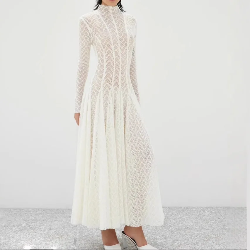 

Robe de soirée Chic en dentelle d'inspiration Vintage pour femmes, col mi-haut épissé, couleur unie, drapée, ceinture, nouvelle