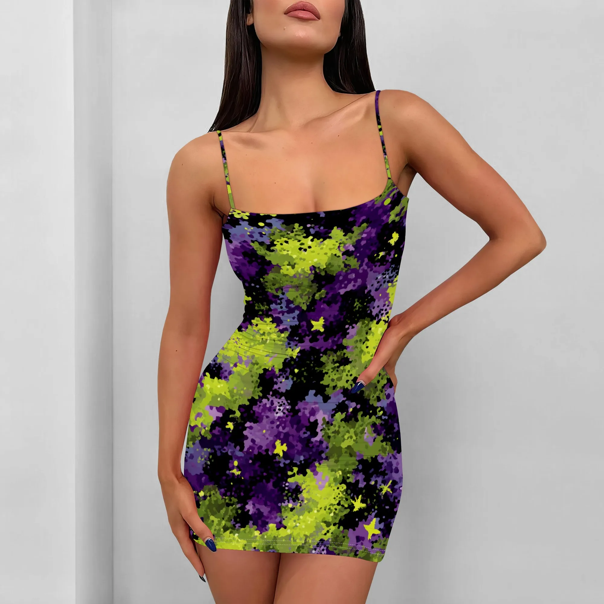 

Neon Camo Print Bodycon Mini Dress S-3XL Spaghetti Strap Slim Fit for Nightclub, Halloween Party or Music Festival Look