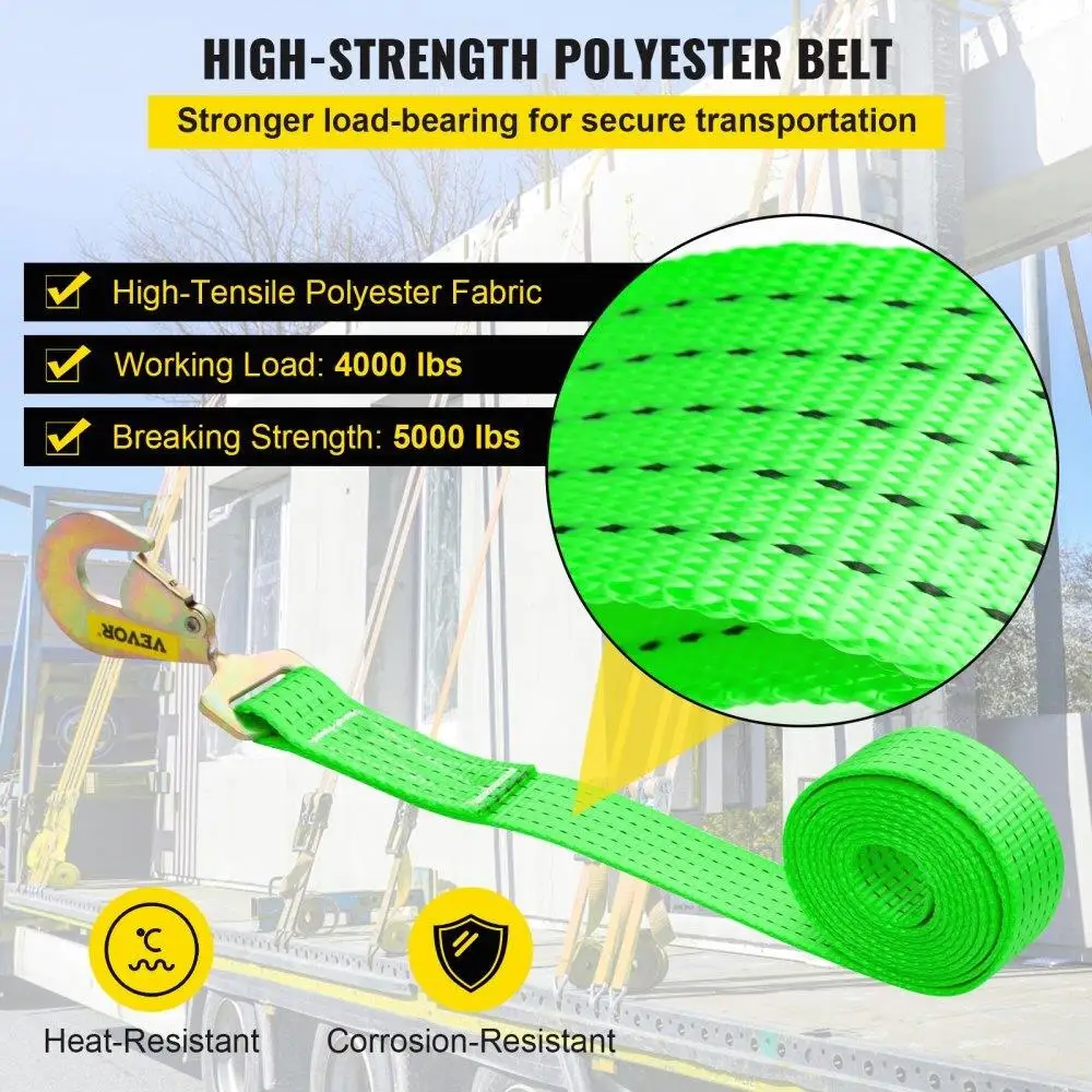 Стяжные ремни с храповым механизмом, сверхпрочные ремни с храповым механизмом 2`` x 15,6 дюйма с карабинами, рабочая нагрузка 4000 фунтов, набор из 4 привязок