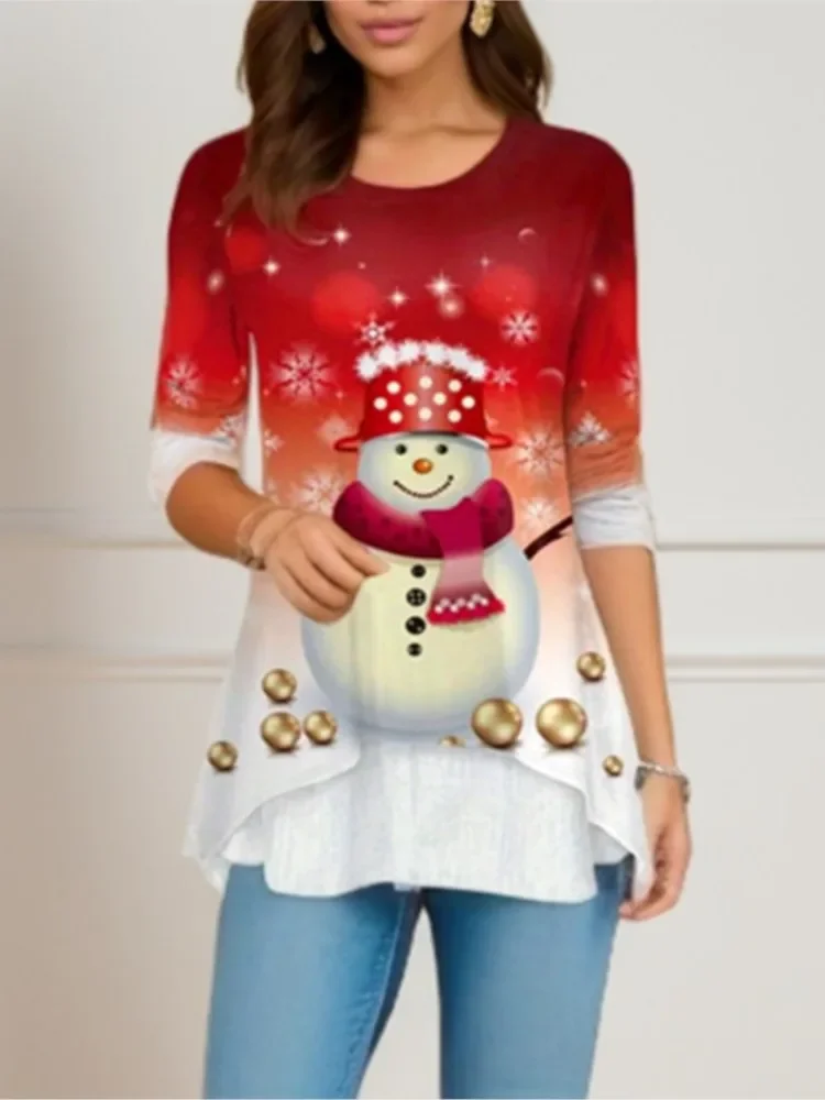 Fashion Casual Christmas Print Women T Shirt O Neck Long Sleeve Irregular Hem Tees Tops Christmas Festival Clothing Spring New