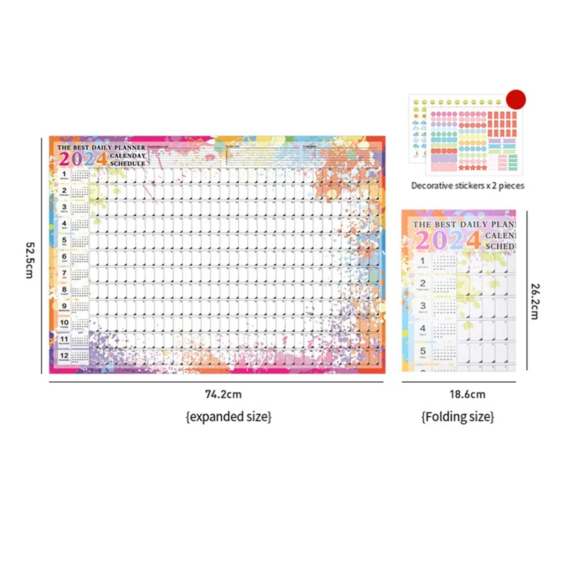 3PCS Calendar 2024 365 Day Poster Calendar Collapsible For School Home Office 29.2X20.7Inch