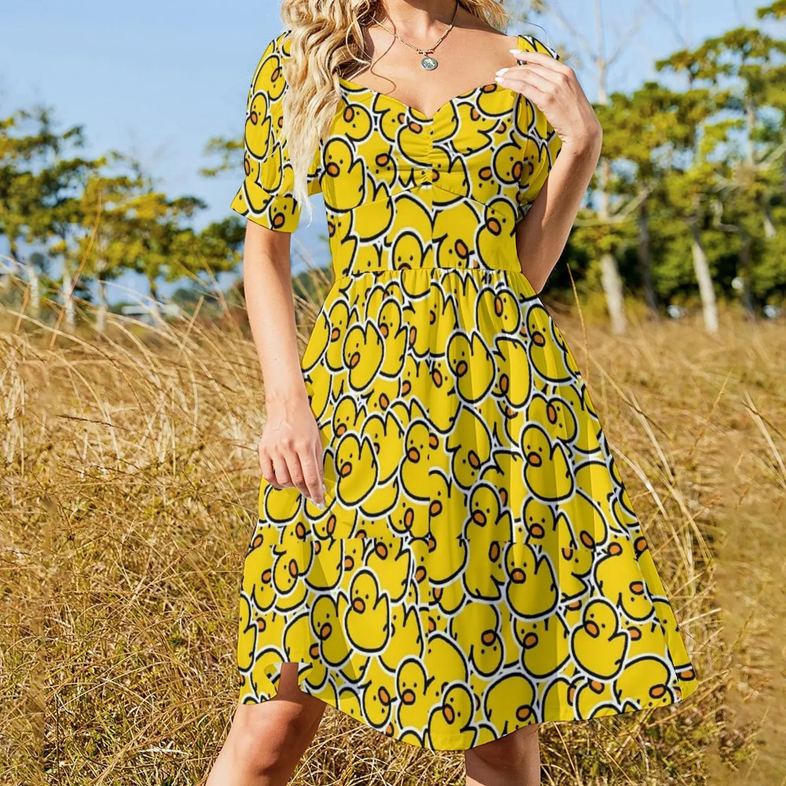 Bunch of Rubber Ducks Dress Yellow Animal Pretty Dresses Woman Short Sleeve Aesthetic Casual Dress V Neck Oversized Vestido