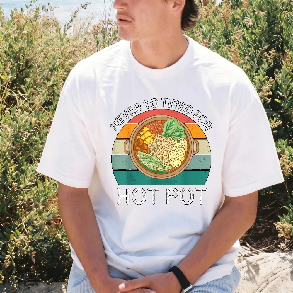 Never To Tired Hot Pot Lover T-Shirt Retro Noodles Vegetables Meat Graphic Printed Tshirt Soft Y2k Casual Fashion Cotton Tees