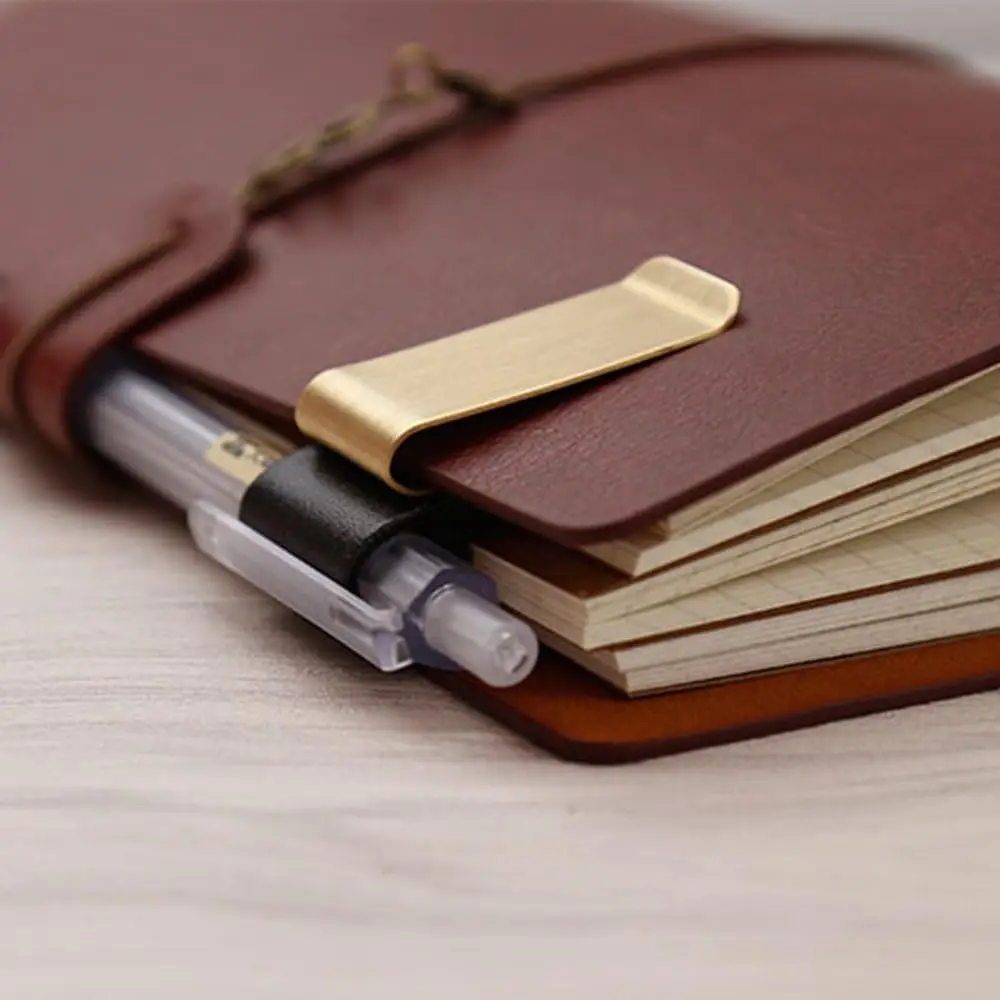 Handgemaakte lederen messing roestvrijstalen pennenhouder Clip Journal Notebook Bladwijzer Papieren map Schrijven Kantoorbenodigdheden Pen Loop