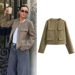 TRAF Cropped Jacket For Women Coat Autumn Winter Crop Jacket Tweed Round neck Long sleeved demi-season Jacket Bomber Outerwears