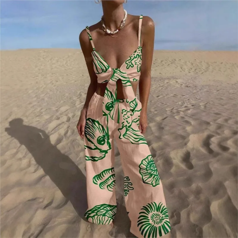 

2025Summer Beach Vacation 2 Piece Sets Women Outfits Sexy Lace Up Sling Vest Wide Leg Pants Fashion Print Two Piece Set female