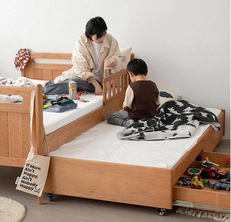체리나무 원목 어린이침대, 일본식 통나무 이층침대, 서랍트레일러 포함, 엄마와 아이 침대