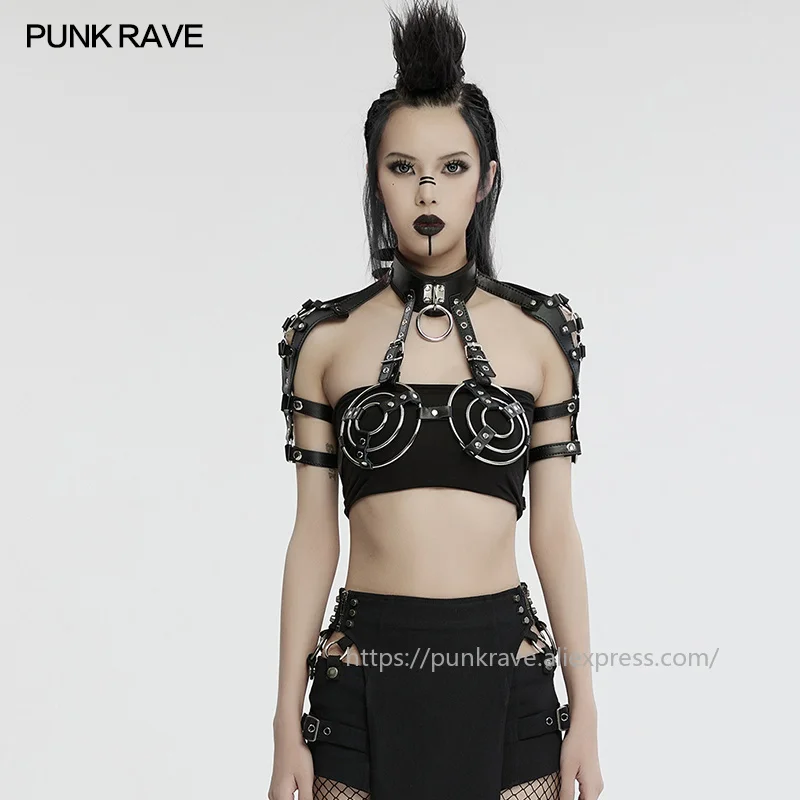 

PUNK RAVE Women's Punk Circular Harness Environmentally Synthetic Leather & Metal Sexy Halter Neck Club Halloween Accessories