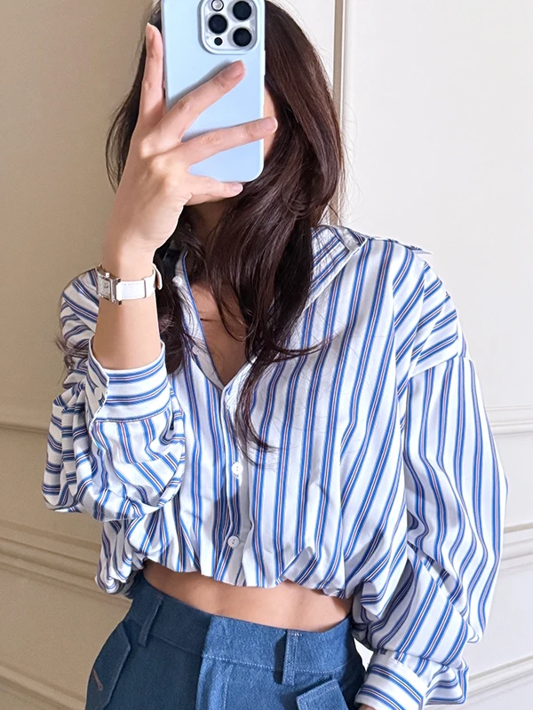 봄 신상 패셔너블 반팔 여성 셔츠 스타일리시 스트라이프 탑 우아하고 다재다능한 작은 사이즈 친화적 품질 좋은 원단