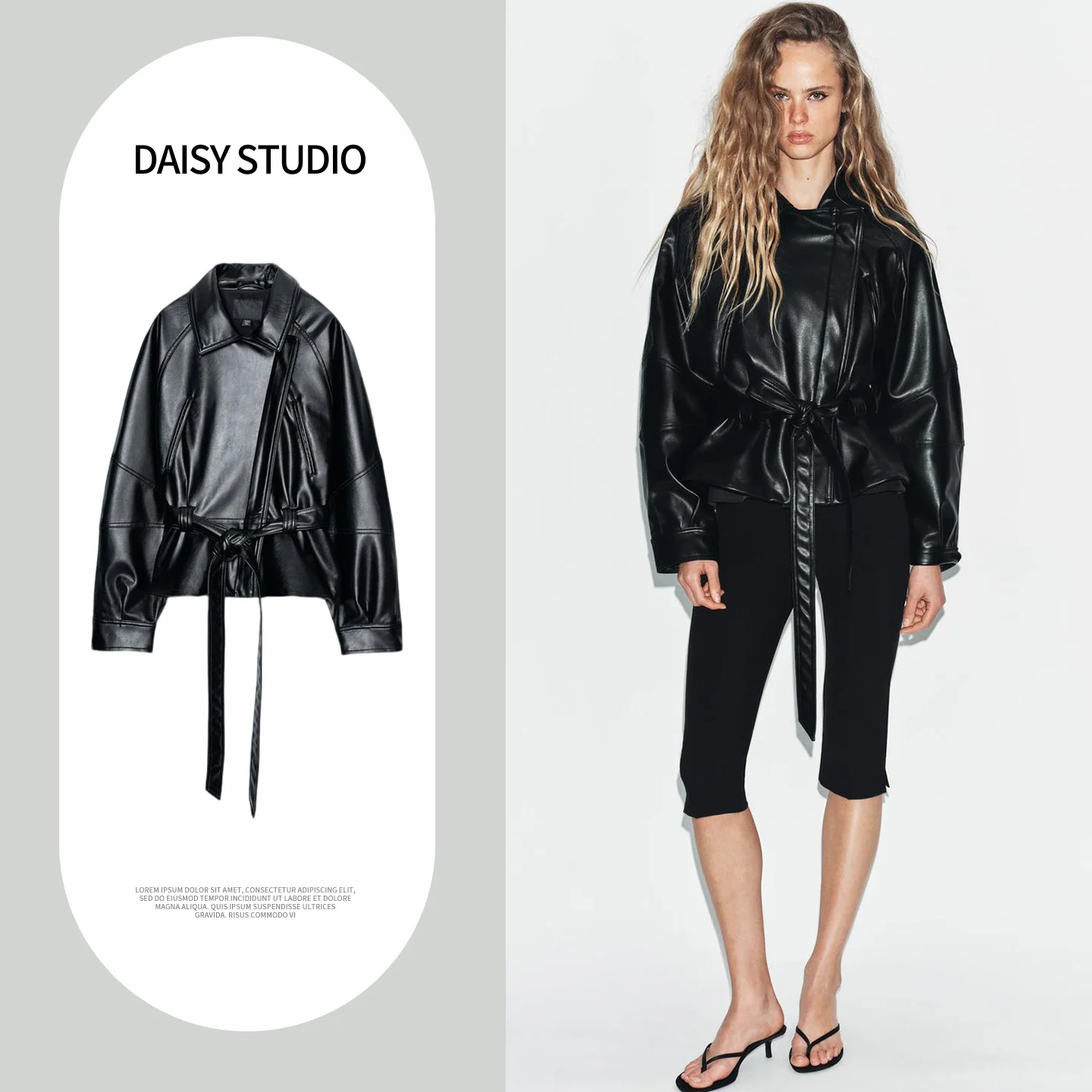 

Spring Summer New Women's Long Sleeve Turn-down Collar Faux Leather Effect Jacket with Belt Knot Design Commute Style