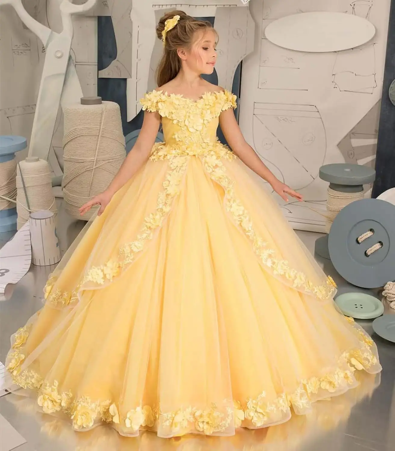 Flower Girl Wedding Dress Off Shoulder Heart-shaped Collar,Communion Princess Birthday Ball Party DinnerParty,Floor Length Dress